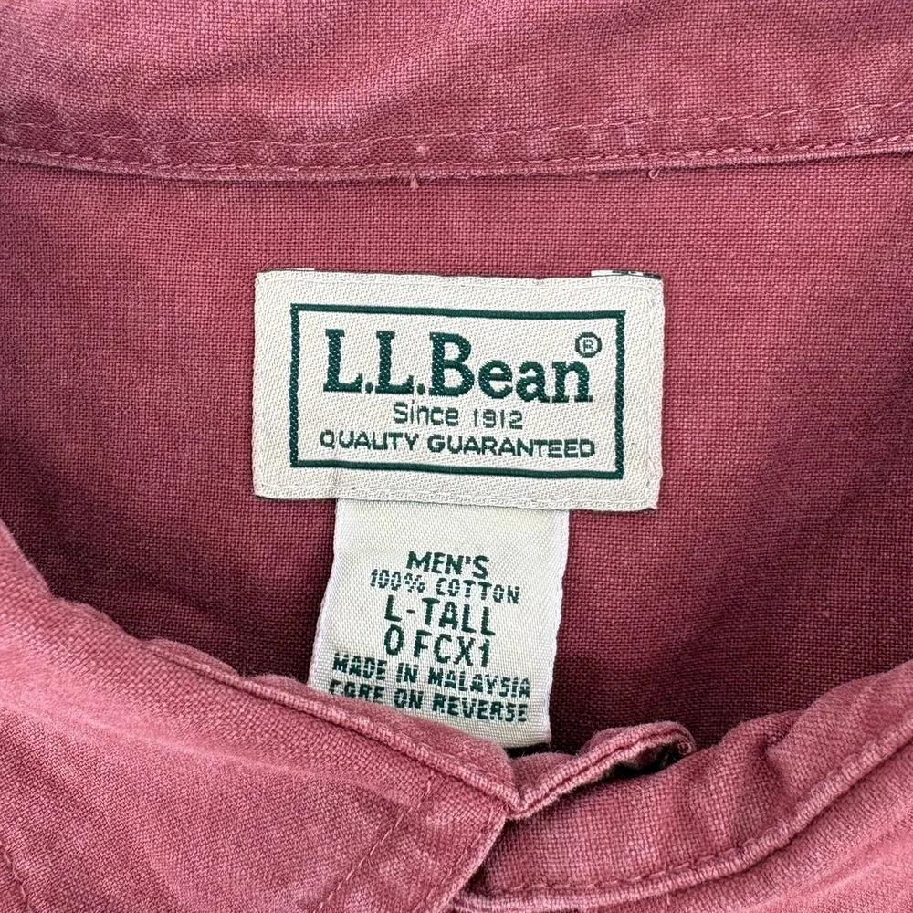 LL Bean Mens Large Tall Short Sleeve Button Down Shirt Burgundy Red Cotton 0FCX1